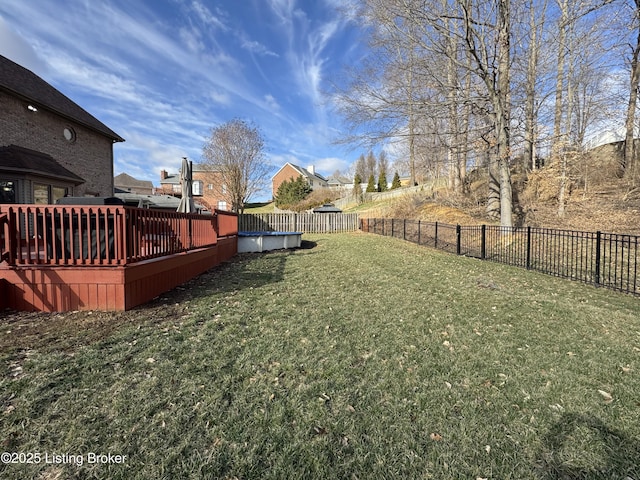 view of yard with a fenced backyard and a wooden deck