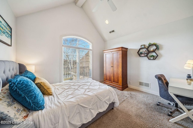 carpeted bedroom featuring high vaulted ceiling, visible vents, beamed ceiling, and baseboards