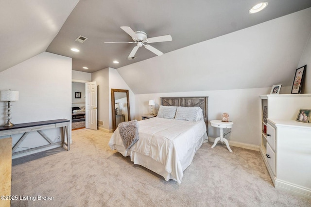 bedroom featuring recessed lighting, visible vents, light carpet, vaulted ceiling, and baseboards