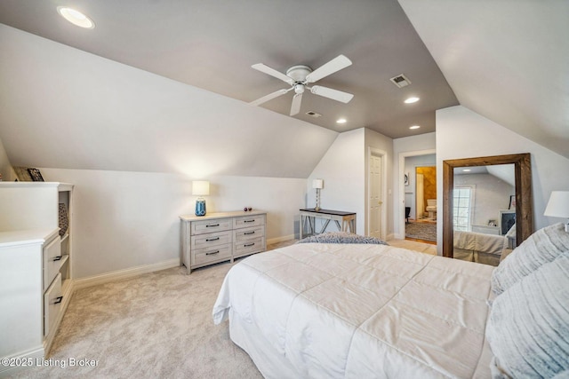 bedroom with recessed lighting, light colored carpet, visible vents, baseboards, and vaulted ceiling