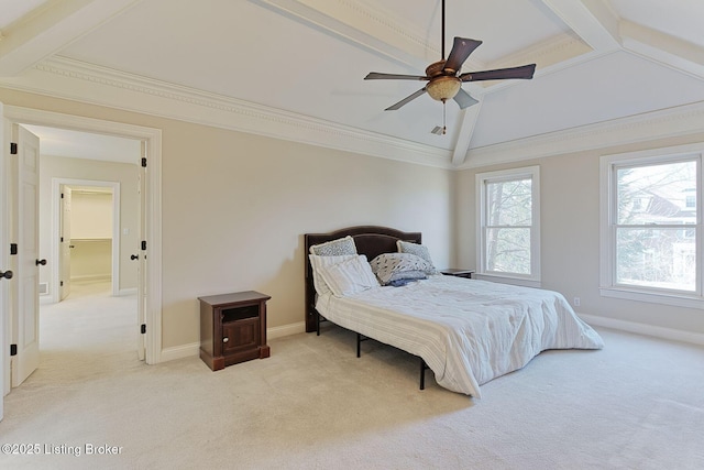 bedroom with light carpet, ornamental molding, vaulted ceiling, and baseboards