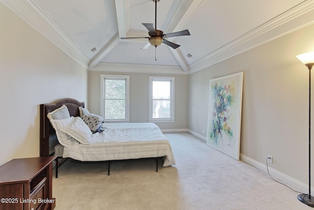 bedroom featuring lofted ceiling, light colored carpet, ornamental molding, ceiling fan, and baseboards