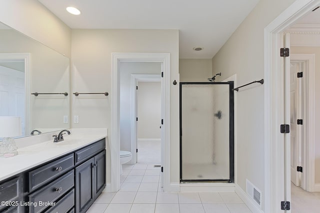 full bath featuring visible vents, toilet, a stall shower, vanity, and tile patterned floors