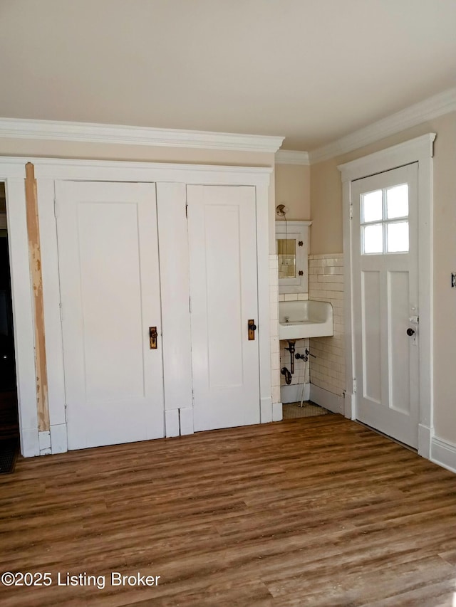 interior space with crown molding, a sink, and wood finished floors