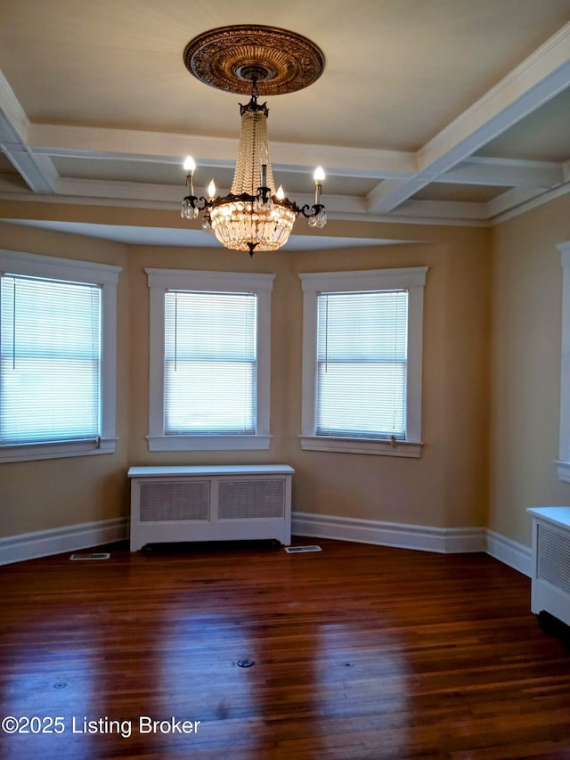 unfurnished dining area with dark wood-style floors, radiator, coffered ceiling, and baseboards