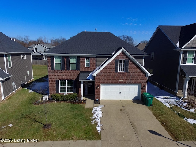 traditional home with driveway, brick siding, a front lawn, and an attached garage