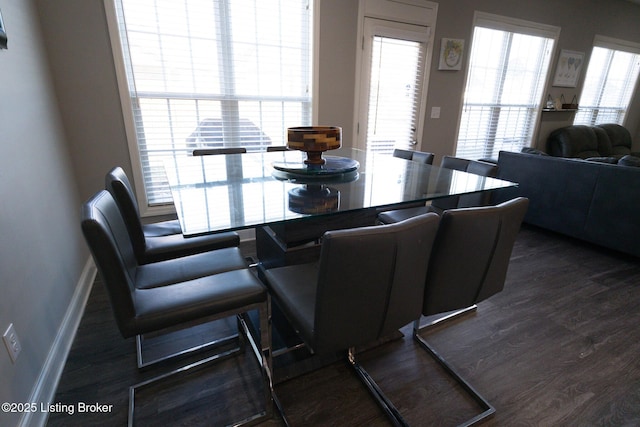 dining room with baseboards and dark wood-type flooring