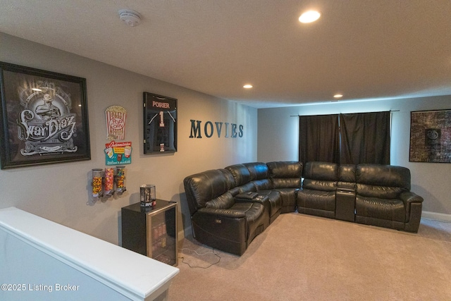 carpeted living room with baseboards and recessed lighting