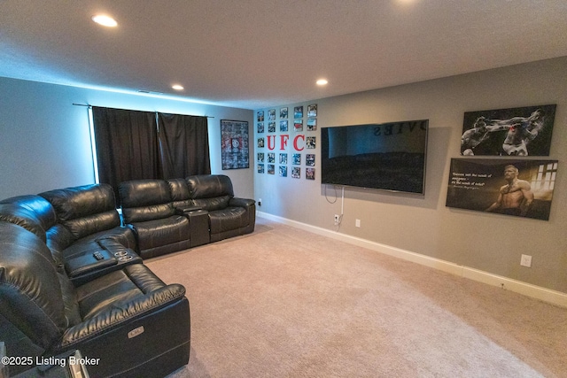 cinema featuring recessed lighting, carpet, and baseboards