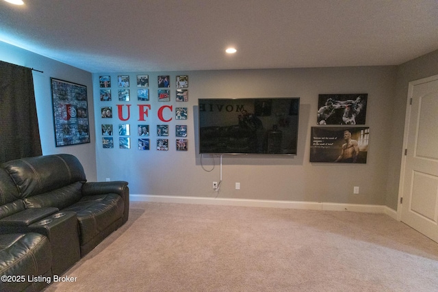 living room with baseboards, carpet flooring, and recessed lighting