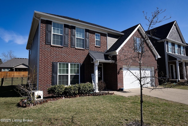 view of front of property featuring driveway, brick siding, a front lawn, and fence