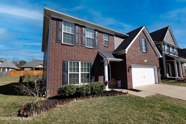 view of front of house featuring brick siding, driveway, a front yard, and fence