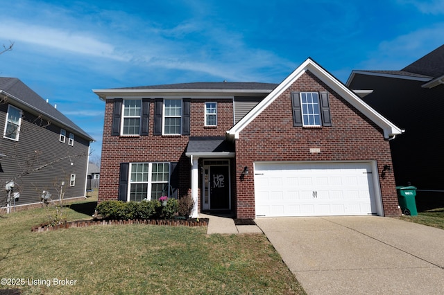 view of front of home with brick siding, a garage, concrete driveway, and a front lawn