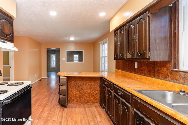 kitchen featuring electric stove, a peninsula, light countertops, light wood-type flooring, and a sink