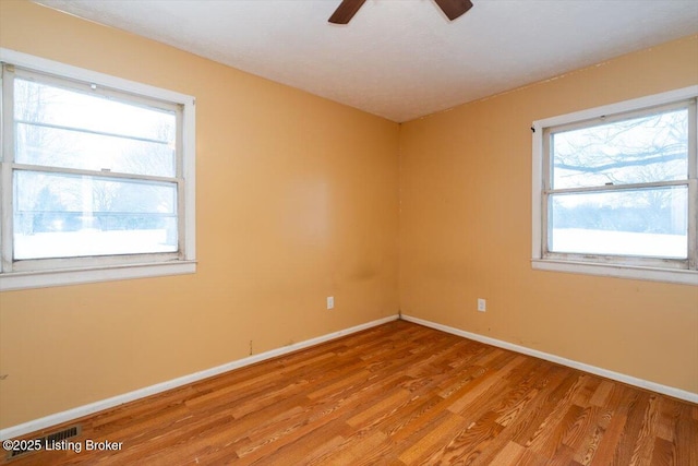 unfurnished room with light wood-type flooring, plenty of natural light, baseboards, and a ceiling fan