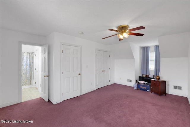 bonus room with ceiling fan, carpet floors, visible vents, and baseboards