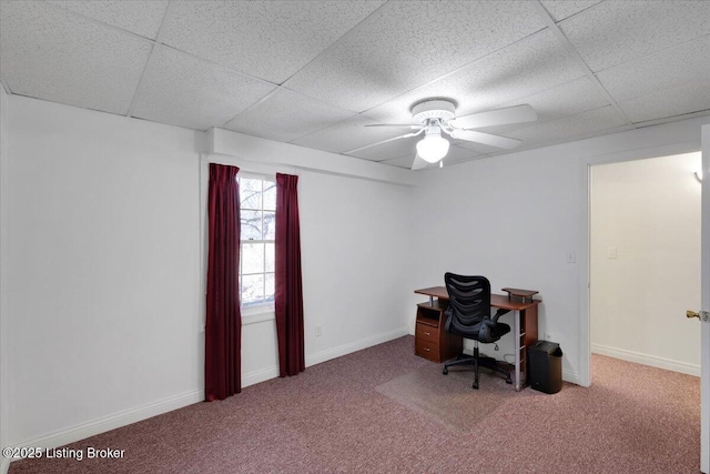 carpeted office with a paneled ceiling, ceiling fan, and baseboards