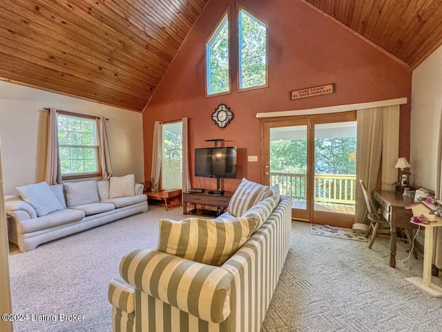 carpeted living area featuring high vaulted ceiling and wooden ceiling