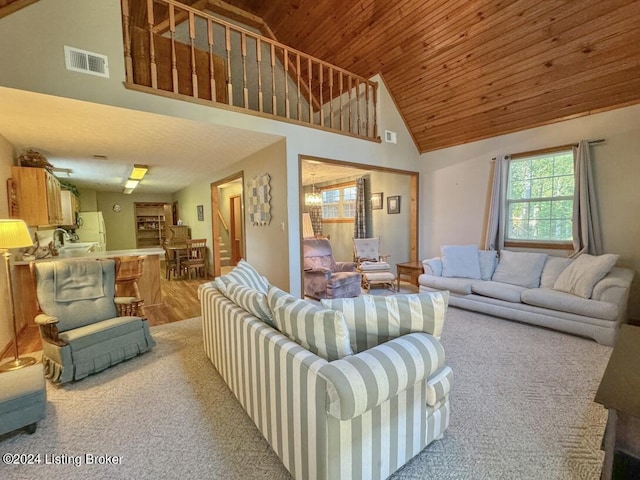 living area with high vaulted ceiling, wood ceiling, and visible vents