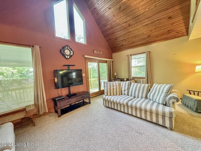 living room with carpet floors, wooden ceiling, and high vaulted ceiling