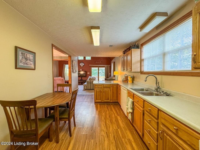 kitchen with light countertops, a sink, light wood-type flooring, dishwasher, and a peninsula