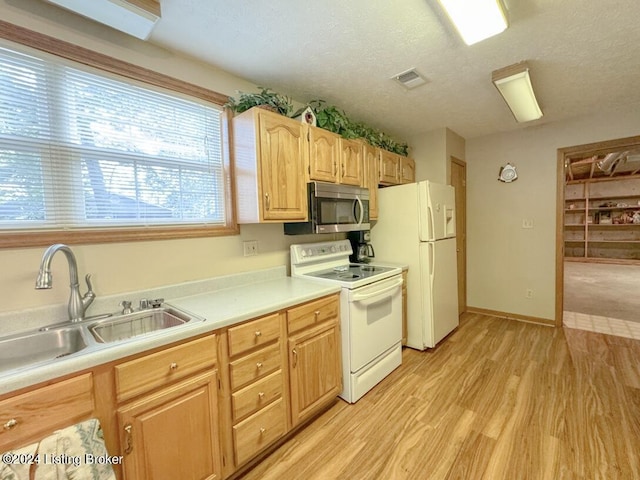 kitchen featuring light countertops, visible vents, light brown cabinetry, a sink, and white appliances