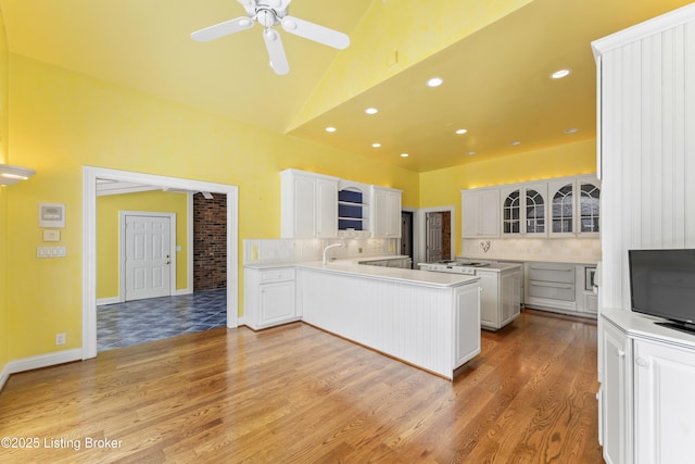 kitchen featuring glass insert cabinets, light wood-type flooring, decorative backsplash, white cabinets, and a sink