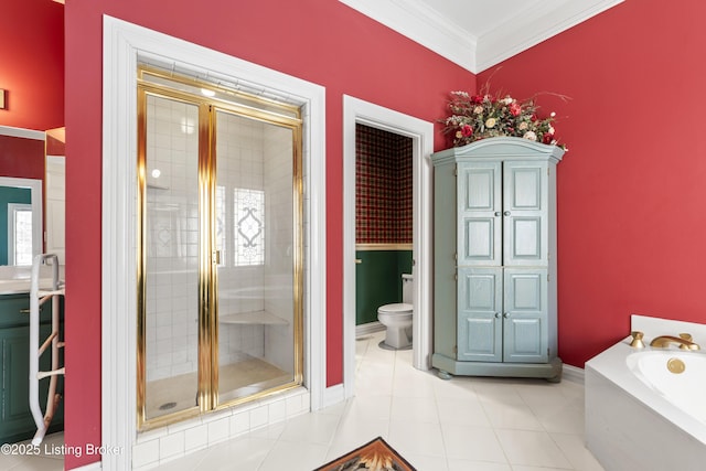 full bathroom with crown molding, toilet, a garden tub, a stall shower, and tile patterned floors