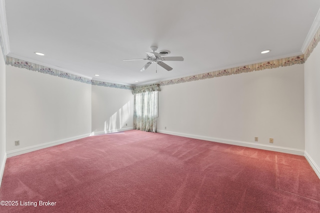 empty room with carpet, a ceiling fan, baseboards, and ornamental molding