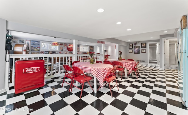 dining space featuring tile patterned floors, visible vents, and recessed lighting