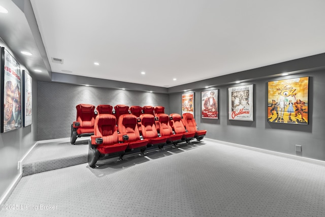 carpeted cinema room with visible vents, recessed lighting, and baseboards