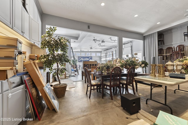 dining area with recessed lighting, a textured ceiling, concrete floors, and a ceiling fan