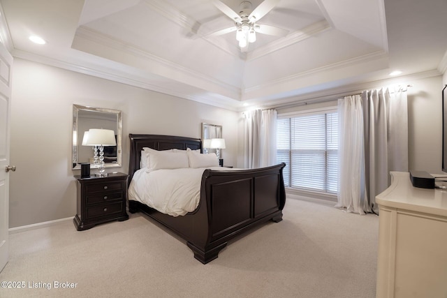 bedroom with recessed lighting, a raised ceiling, light colored carpet, and ornamental molding