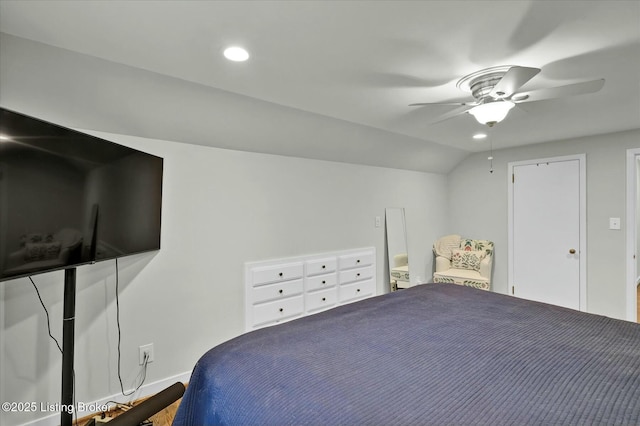 bedroom featuring recessed lighting, vaulted ceiling, and ceiling fan