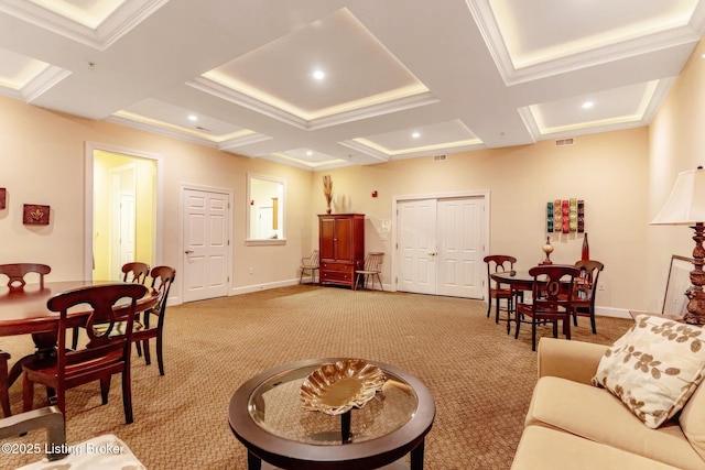 living room featuring light carpet, baseboards, visible vents, coffered ceiling, and ornamental molding