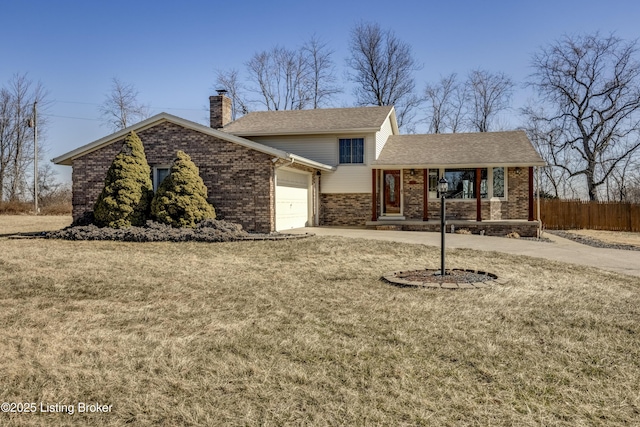 view of front of home with brick siding, a chimney, concrete driveway, an attached garage, and fence