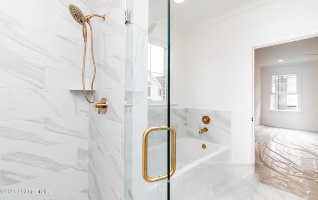 full bath featuring a bath, a shower stall, and crown molding