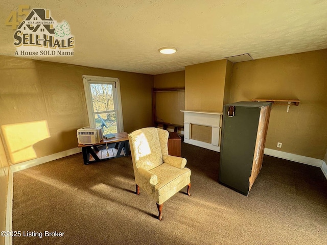 sitting room with carpet, a fireplace, baseboards, and a textured ceiling