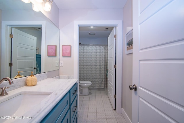 bathroom featuring visible vents, curtained shower, toilet, tile patterned floors, and vanity