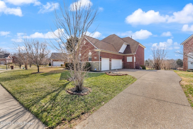 view of front facade with an attached garage, brick siding, driveway, roof with shingles, and a front lawn