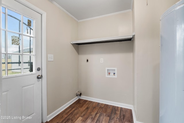 washroom featuring crown molding, baseboards, laundry area, electric dryer hookup, and dark wood-style flooring