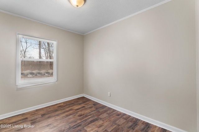 unfurnished room featuring dark wood-type flooring, crown molding, baseboards, and a textured ceiling