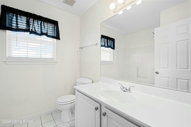 full bath with visible vents, toilet, vanity, baseboards, and tile patterned floors