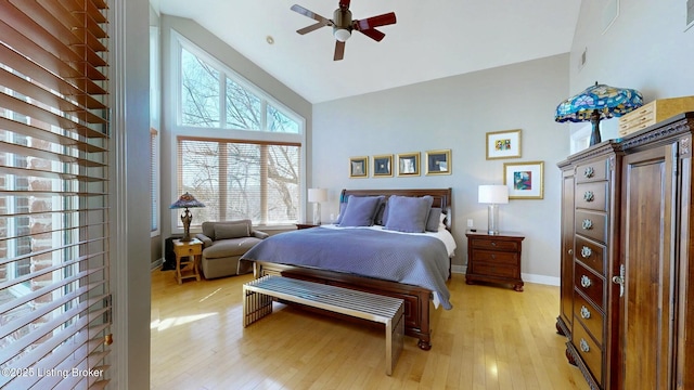 bedroom featuring visible vents, baseboards, high vaulted ceiling, and light wood-style flooring