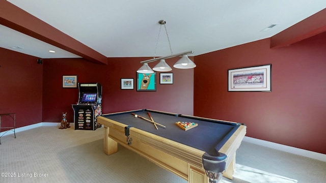 rec room featuring baseboards, visible vents, and light carpet