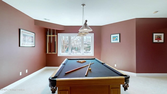 playroom with visible vents, light carpet, baseboards, and billiards