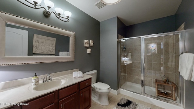 full bathroom featuring visible vents, toilet, a stall shower, and vanity