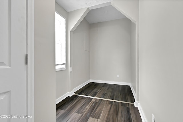 additional living space featuring dark wood-style flooring, a healthy amount of sunlight, and baseboards