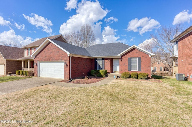 single story home with driveway, a garage, brick siding, central air condition unit, and a front yard