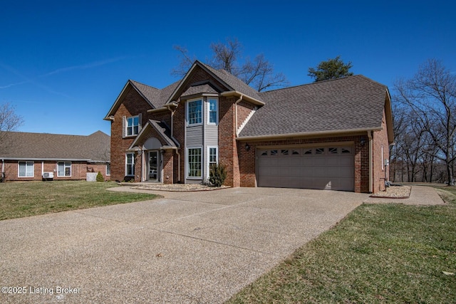 view of front of home featuring an attached garage, brick siding, a shingled roof, driveway, and a front yard